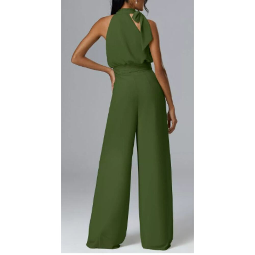 Women's Olive Halter Wide-Leg Jumpsuit - Picture 2 of 5